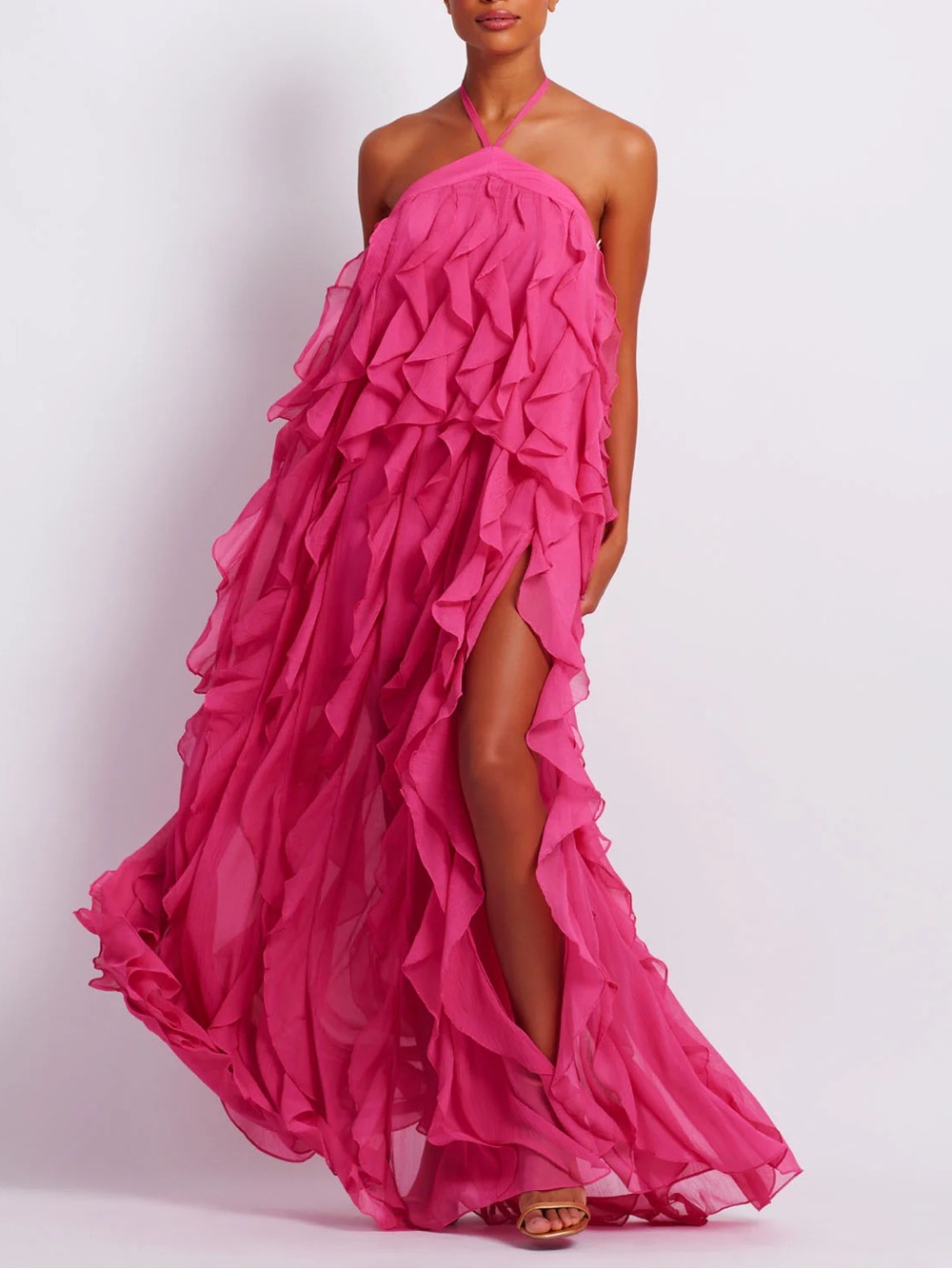 PatBO Hot Pink Ruffled Halter Maxi Dress